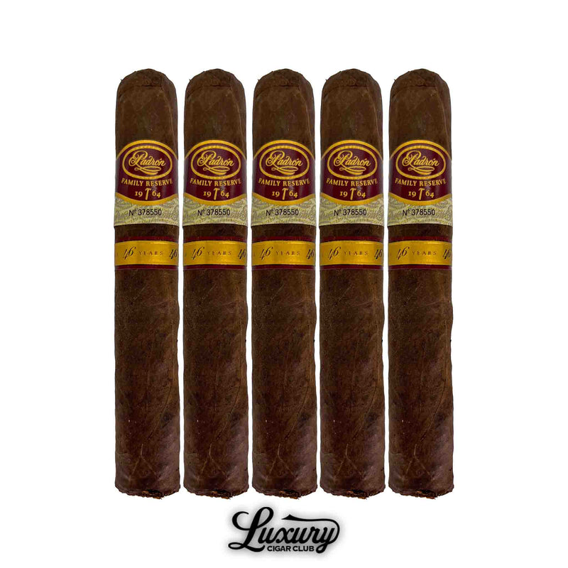 Five Padron Family Reserve Maduro No 46 cigars with rich maduro wrappers and detailed bands, presented by Luxury Cigar Club.