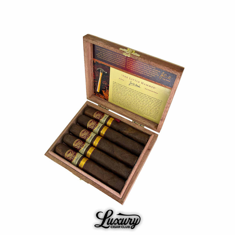 Open box of Padron Family Reserve Maduro No 46 cigars with dark brown wrappers and gold and burgundy bands, available at Luxury Cigar Club.