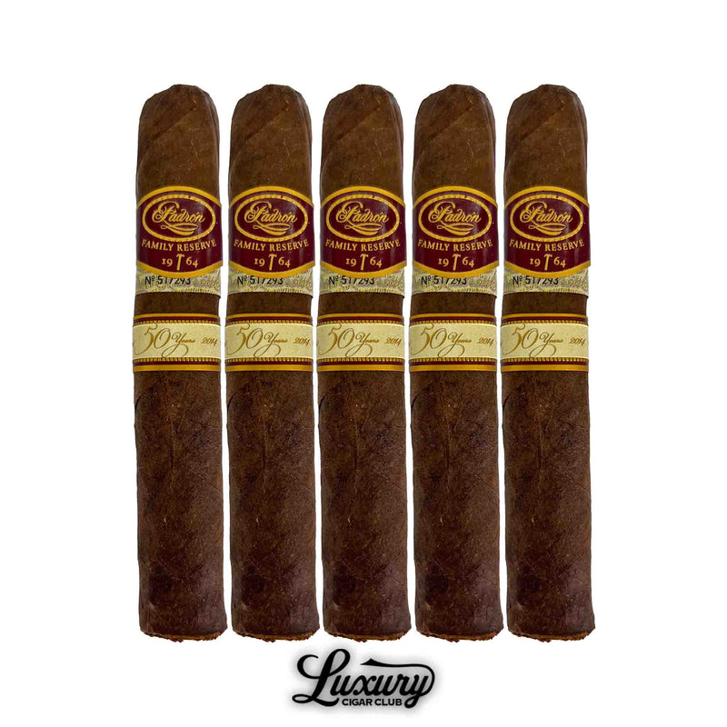 Five Padron Family Reserve Maduro No 50 cigars with dark, oily wrappers and gold accents, available through Luxury Cigar Club.