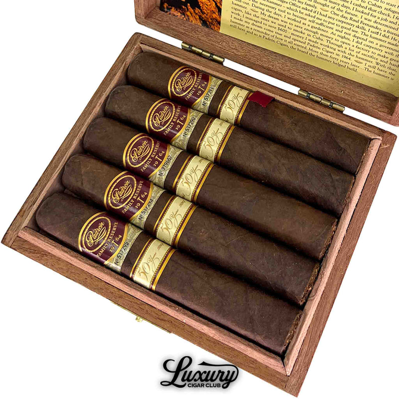 Detailed close up of Padron Family Reserve Maduro No 50 cigars neatly arranged in their box, from Luxury Cigar Club.