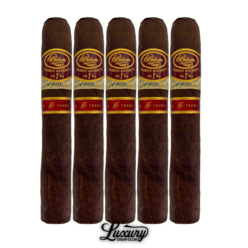 Five premium Padron Family Reserve Maduro No 85 cigars with rich brown wrappers and gold branding, available at Luxury Cigar Club.