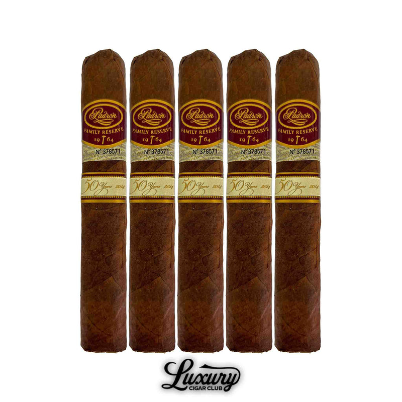 Five-pack of Padron Family Reserve Natural No. 50 cigars highlighting premium craftsmanship and natural wrapper leaves at Luxury Cigar Club