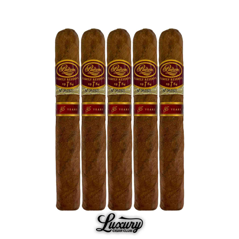 Padron Family Reserve Natural No. 85 cigars five-pack showcasing high-quality natural leaf construction and classic gold branding from Luxury Cigar Club