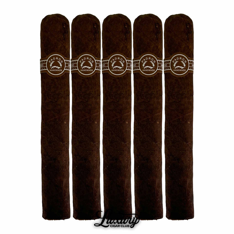 Five-pack of Padron Series 3000 Maduro cigars arranged side by side, showcasing rich dark maduro wrapper leaves, Padron cigar bands, and Luxury Cigar Club logo