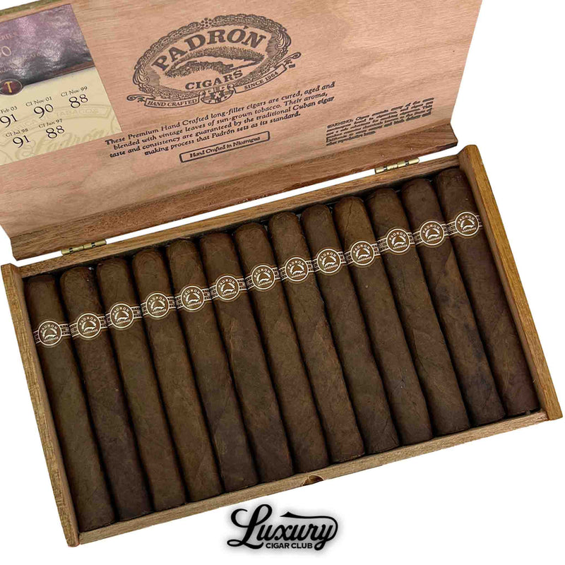 Close-up of Padron Series 3000 Maduro cigars inside wooden box, emphasizing the smooth maduro leaf, consistent roll quality, signature Padron bands, and Luxury Cigar Club branding