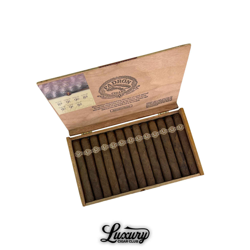 Open box of Padron Series 3000 Maduro cigars, featuring 20 hand-crafted Nicaraguan cigars with dark oily wrappers, classic Padron branding, and Luxury Cigar Club logo