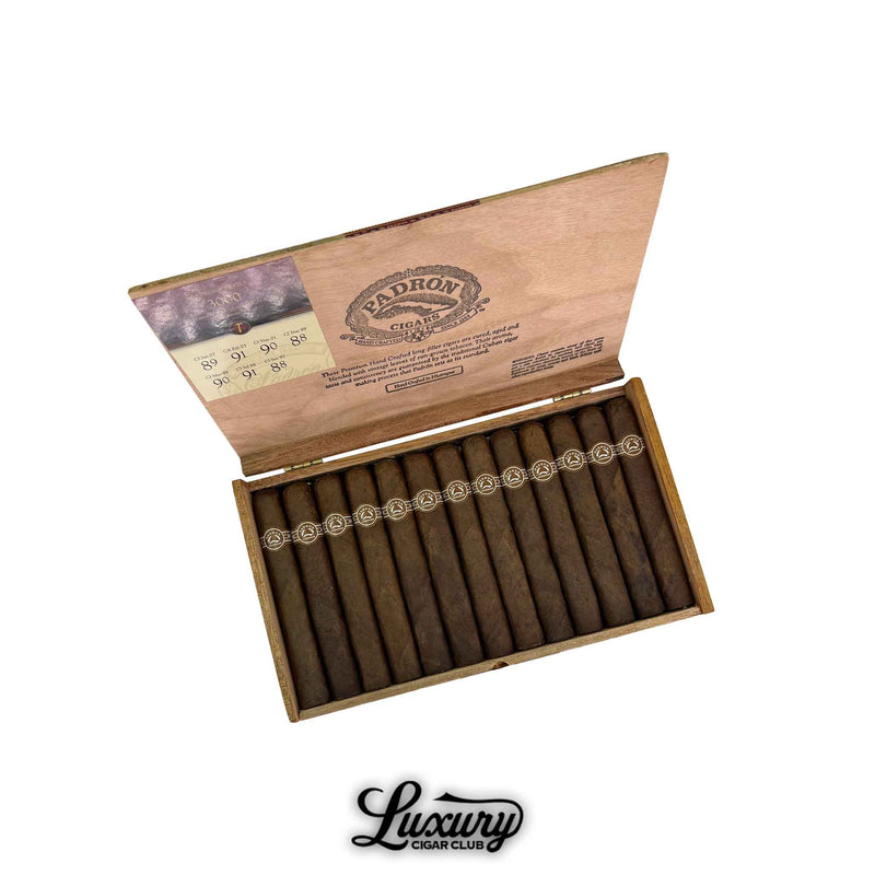 Open box of Padron Series 3000 Maduro cigars, featuring 20 hand-crafted Nicaraguan cigars with dark oily wrappers, classic Padron branding, and Luxury Cigar Club logo