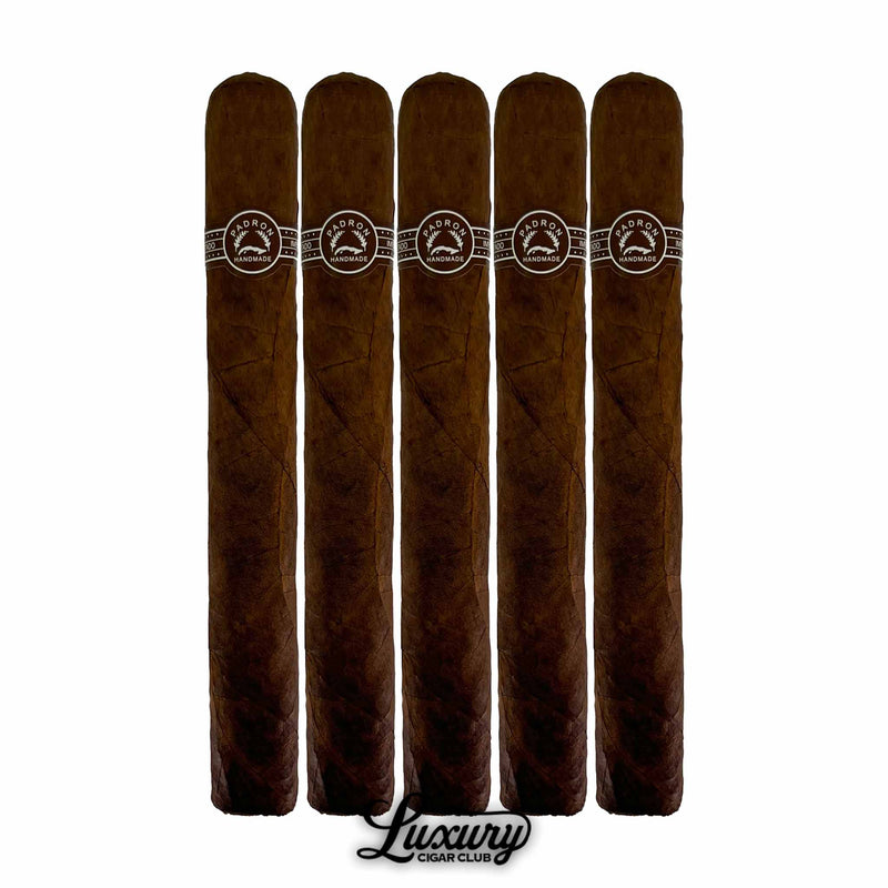 Five Padrón Series Natural 4000 premium cigars standing side by side, showcasing smooth golden brown natural wrappers with signature Padrón cigar bands, presented with Luxury Cigar Club logo beneath.