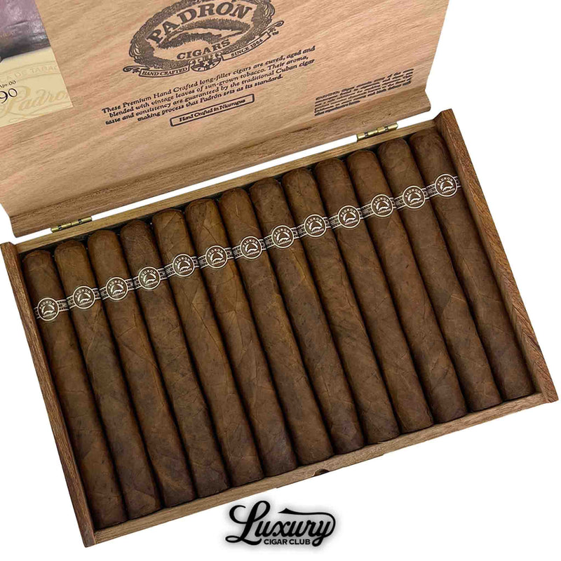 Detailed close-up of Padrón Series Natural 4000 cigars in box, showcasing uniform hand-rolled craftsmanship, golden brown natural leaf wrappers, and Luxury Cigar Club branding below.