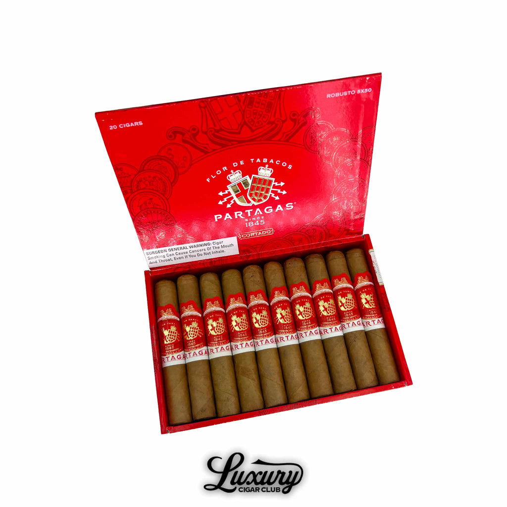 Luxury Cigar Club image showing an open box of Partagas Cortado Robusto cigars with twenty Connecticut wrapped cigars arranged neatly inside a bright red box displaying the Partagas crest and branding.