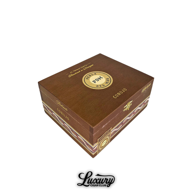 Perla Del Mar Corojo Robusto closed wooden cigar box with gold embossed branding shown on a white background for Luxury Cigar Club