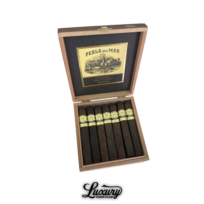 Open box of Perla Del Mar Maduro Toro cigars with dark maduro wrappers from JC Newman displayed inside the wooden box at Luxury Cigar Club