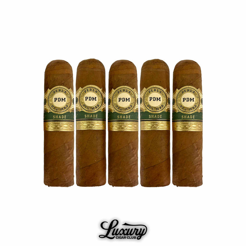 Perla Del Mar Shade Short Robusto 5 Pack showing golden and green bands on box pressed cigars from Luxury Cigar Club