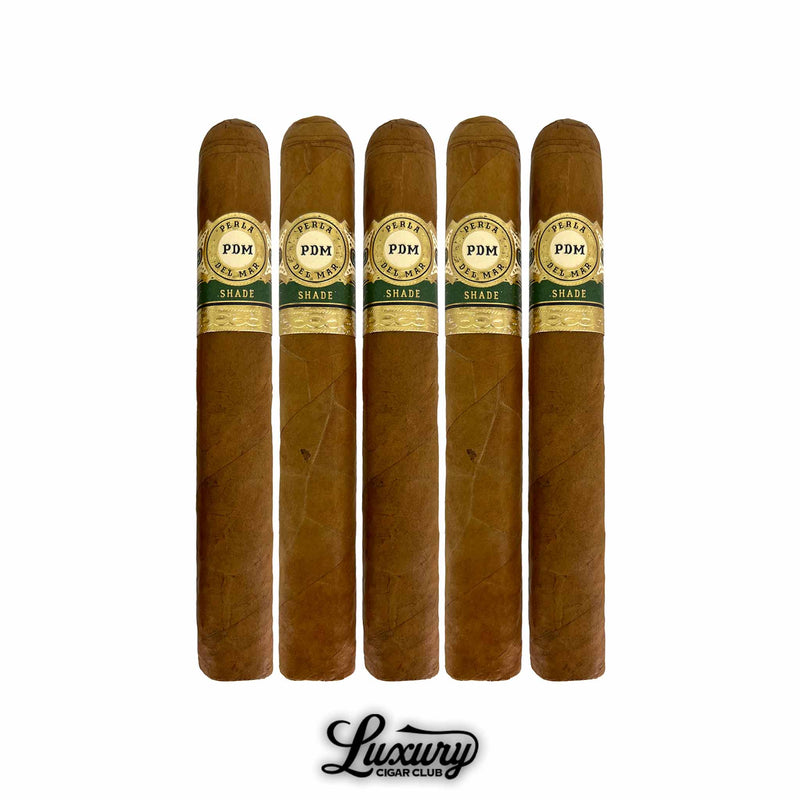 Perla Del Mar Shade Toro 5 Pack featuring Ecuadorian Connecticut shade wrapped cigars with gold and green bands from Luxury Cigar Club