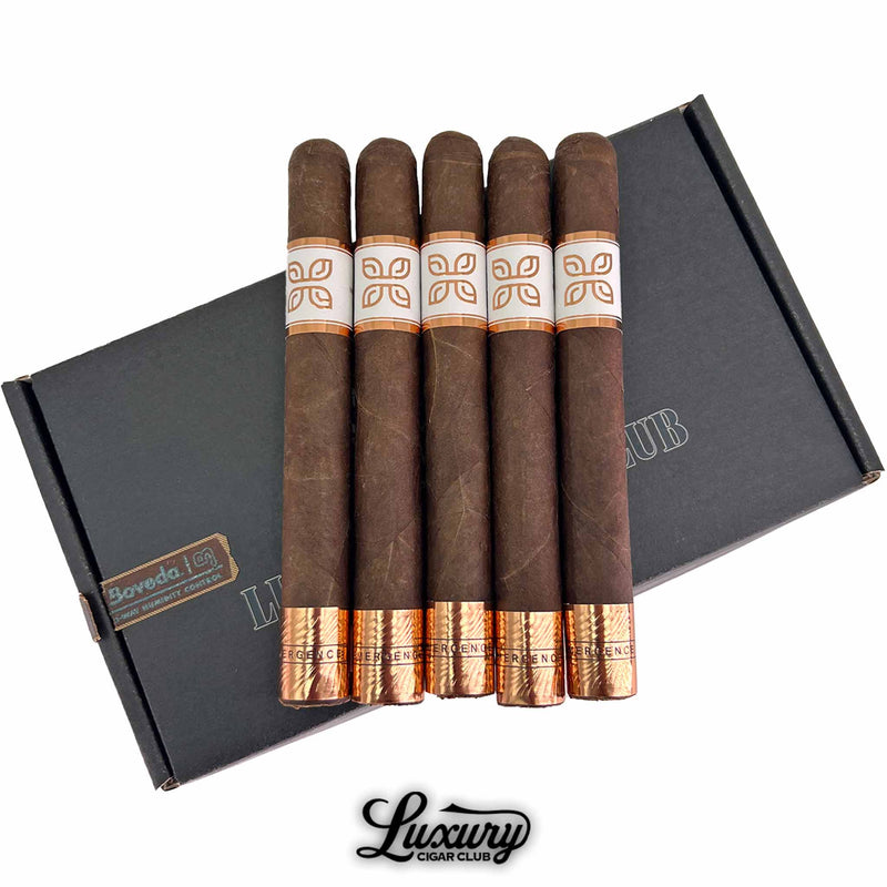 Close-up of Peter James Emergence Toro Elegance cigars, emphasizing their refined copper accents, minimalist white and bronze band design, and expert construction, presented by Luxury Cigar Club.