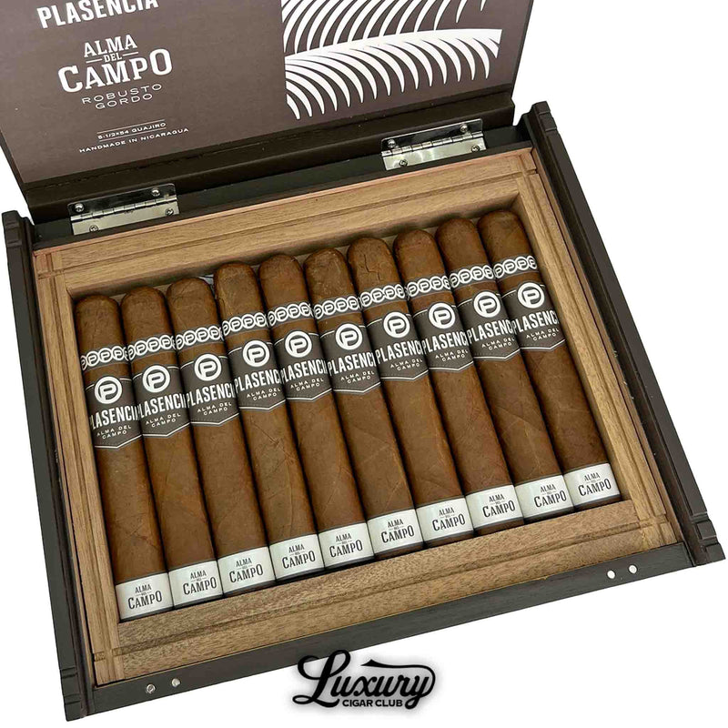 Close up of Plasencia Alma del Campo Guajiro cigars highlighting smooth wrapper and bold branding from Luxury Cigar Club