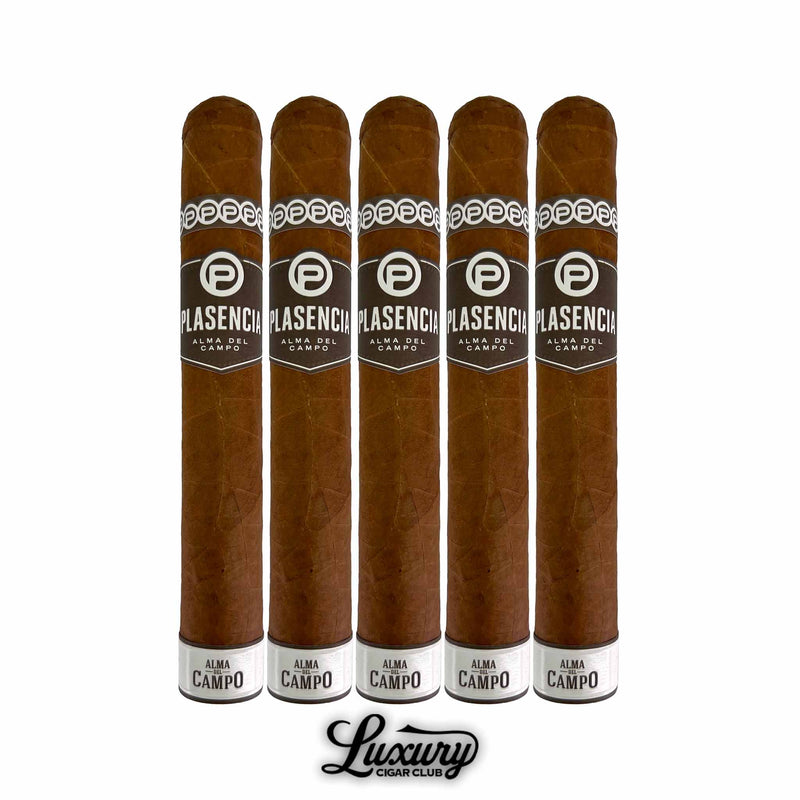 Five Plasencia Alma del Campo Madroño cigars displayed upright with white and brown cigar bands from Luxury Cigar Club