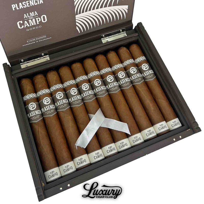Close-up of Plasencia Alma del Campo Madroño cigars in a dark wooden box, showing ten large cigars with smooth brown wrappers, elegant white and silver bands, and a white ribbon across the center, with the Luxury Cigar Club logo below.