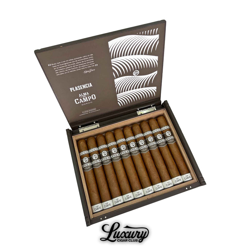 Open box of Plasencia Alma del Campo Madroño cigars in cedar lined packaging from Luxury Cigar Club