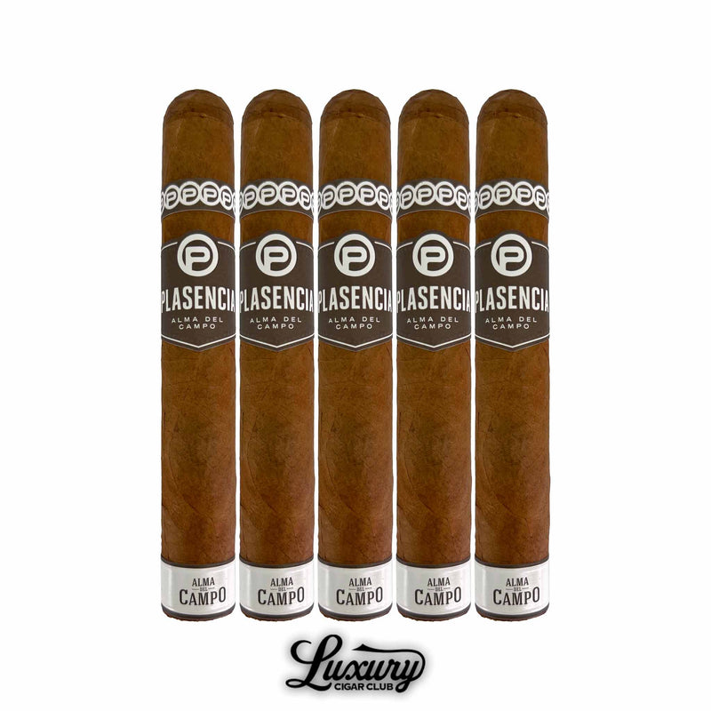 Five Plasencia Alma del Campo Sendero cigars grouped together with bold brown and white bands from Luxury Cigar Club