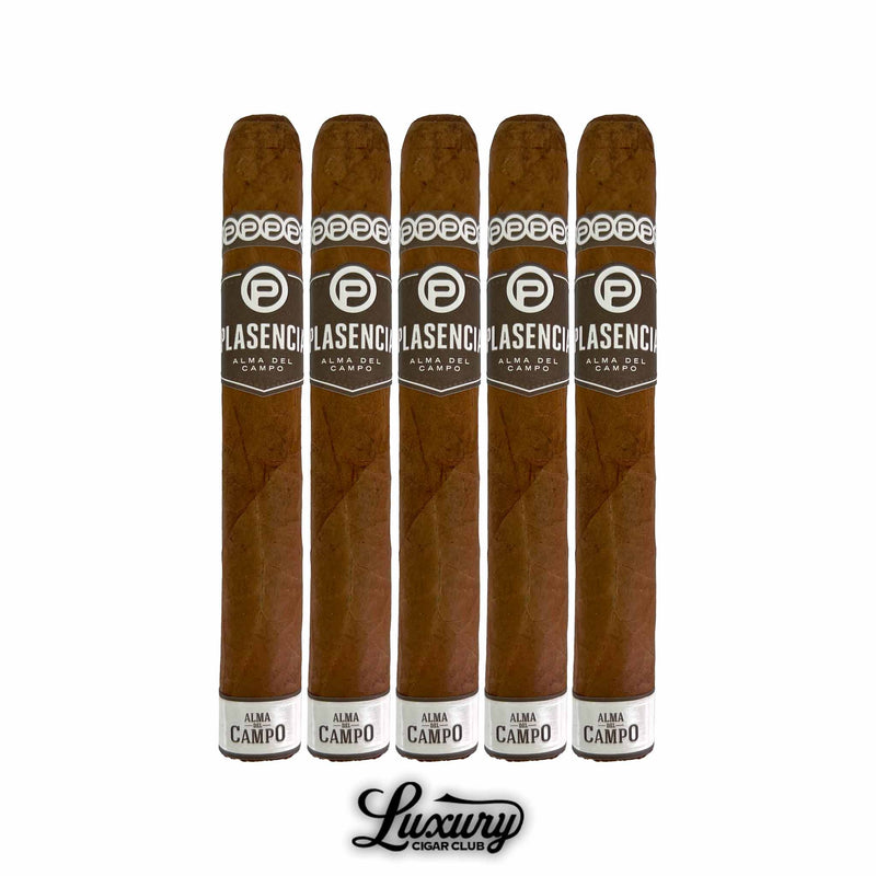 Five Plasencia Alma del Campo Travesía cigars standing in a row with classic band design from Luxury Cigar Club