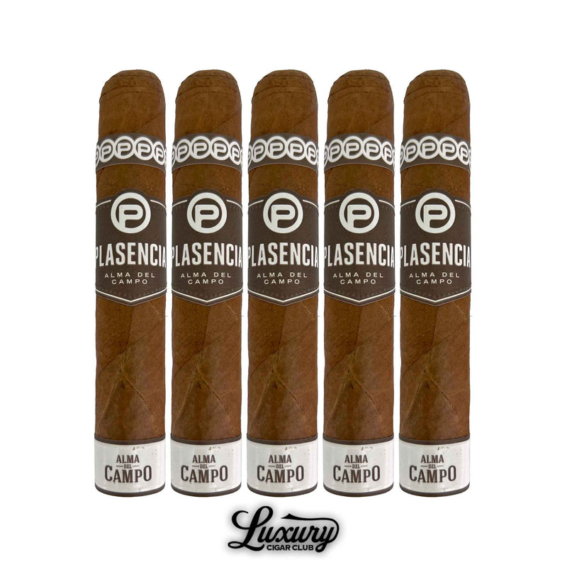 Five Plasencia Alma del Campo Tribu cigars displayed together with signature Alma del Campo bands from Luxury Cigar Club