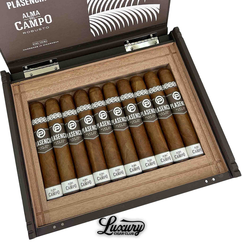 Close up of Plasencia Alma del Campo Tribu cigar focusing on wrapper quality and bold branding from Luxury Cigar Club