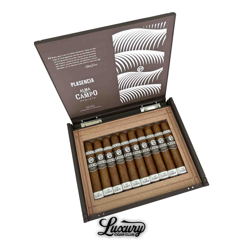 Open box of Plasencia Alma del Campo Tribu cigars arranged in cedar lined packaging from Luxury Cigar Club