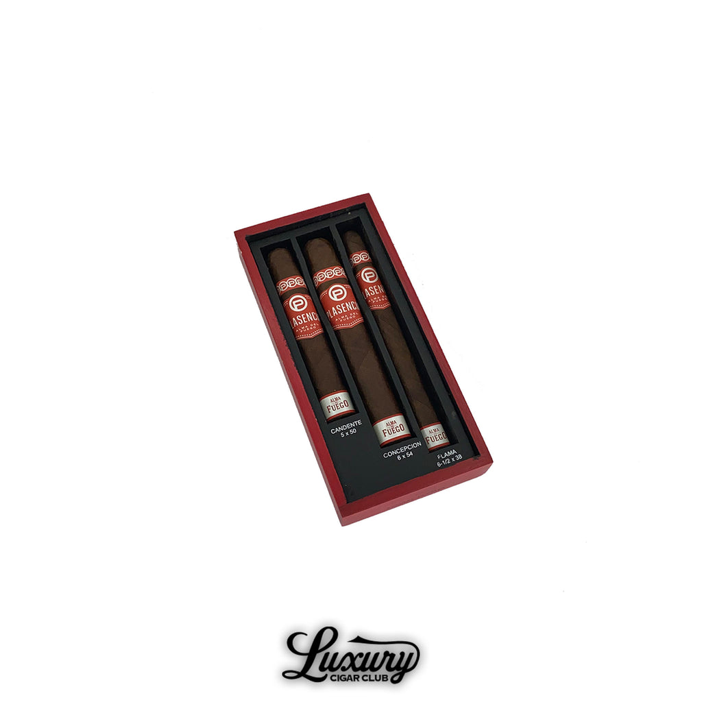 Plasencia Year Of The Snake Unicorn Culebra single cigar with red and gold bands, showcased upright from Luxury Cigar Club.