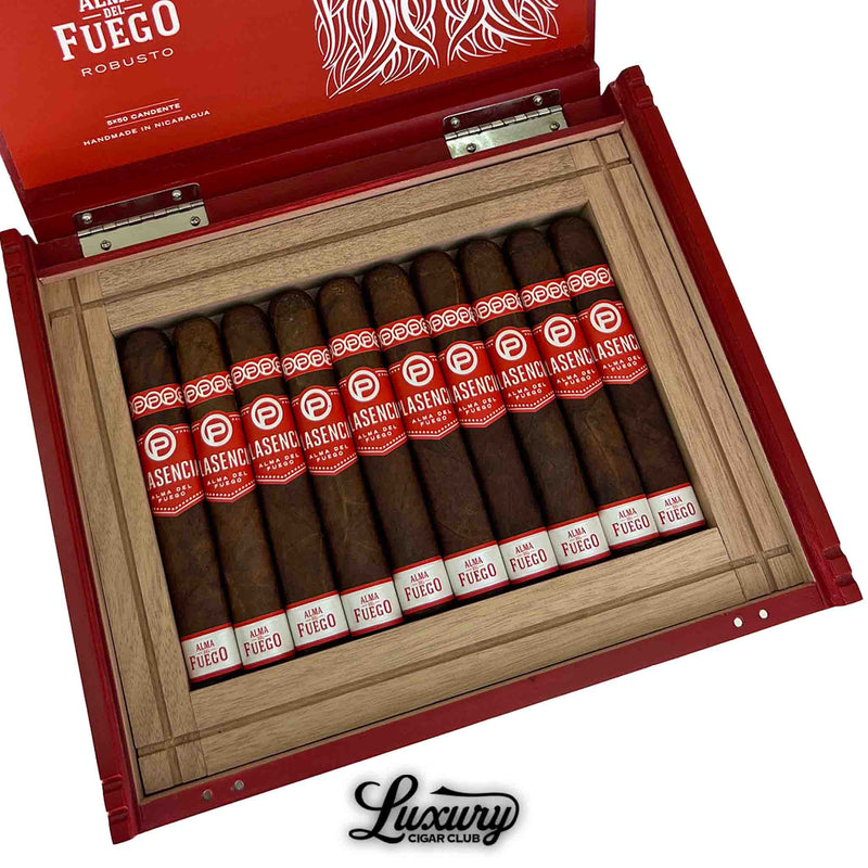 Close-up of Plasencia Alma Del Fuego Candente Robusto cigars in a red box, showcasing bold red cigar bands and premium Nicaraguan craftsmanship, Luxury Cigar Club.