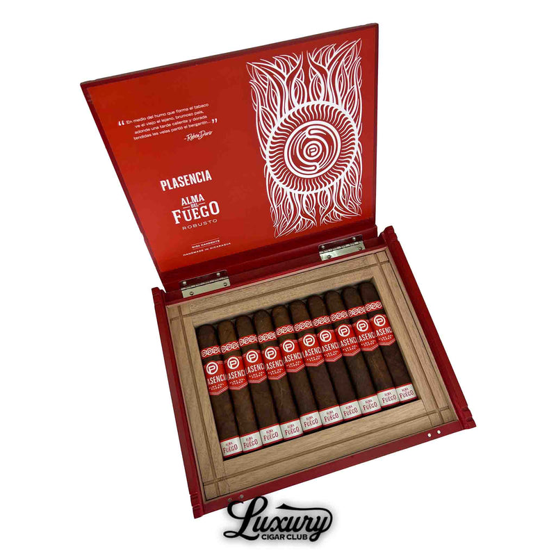 Box of Plasencia Alma Del Fuego Candente Robusto cigars with red bands and vibrant red box interior, premium Nicaraguan cigars from Luxury Cigar Club.