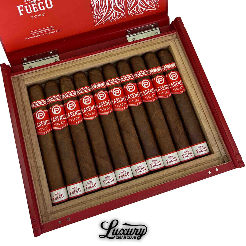 Close-up of Plasencia Alma Del Fuego Concepción Toro cigars in a wooden box with vibrant red bands, premium Nicaraguan cigars from Luxury Cigar Club.