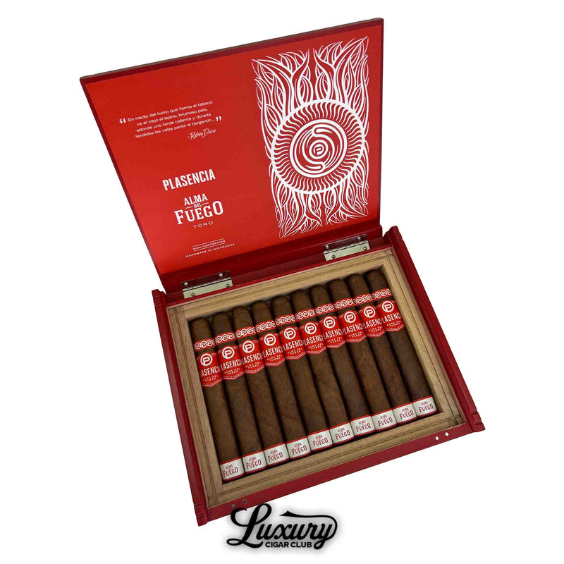 Box of Plasencia Alma Del Fuego Concepción Toro cigars with striking red bands and open lid showcasing artwork, premium Nicaraguan cigars by Luxury Cigar Club.