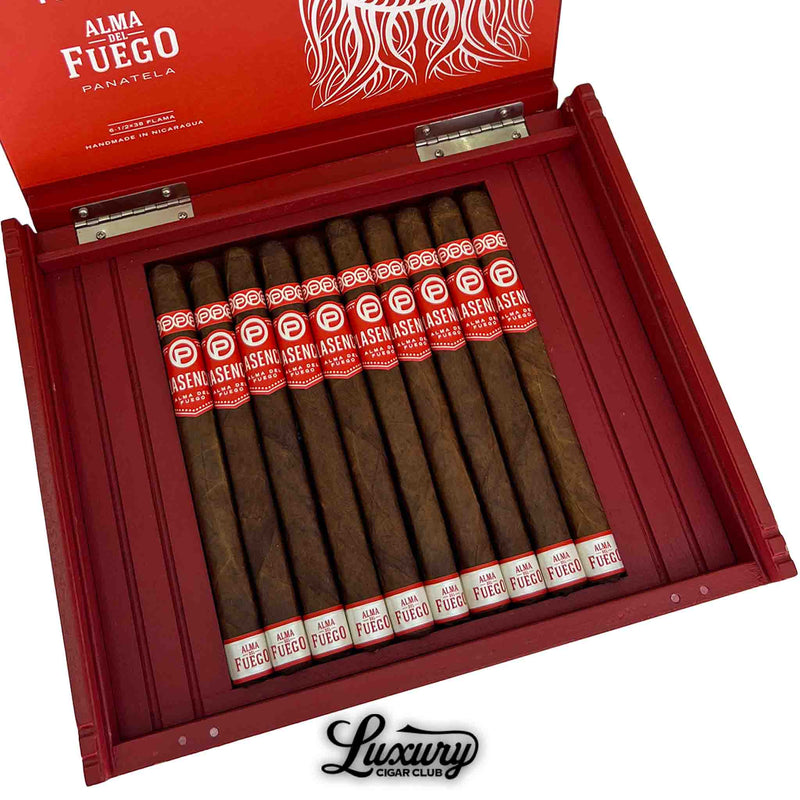 Close-up of Plasencia Alma Del Fuego Flama Panatela cigars in red wooden box, showcasing premium Nicaraguan hand-rolled cigars at Luxury Cigar Club.