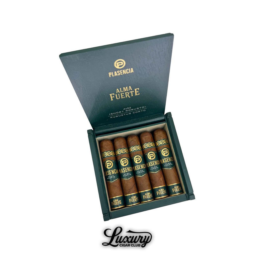 Plasencia Reserva Original Corona Corta cigars neatly displayed in an open wooden box with elegant white and gold detailing, presented by Luxury Cigar Club.