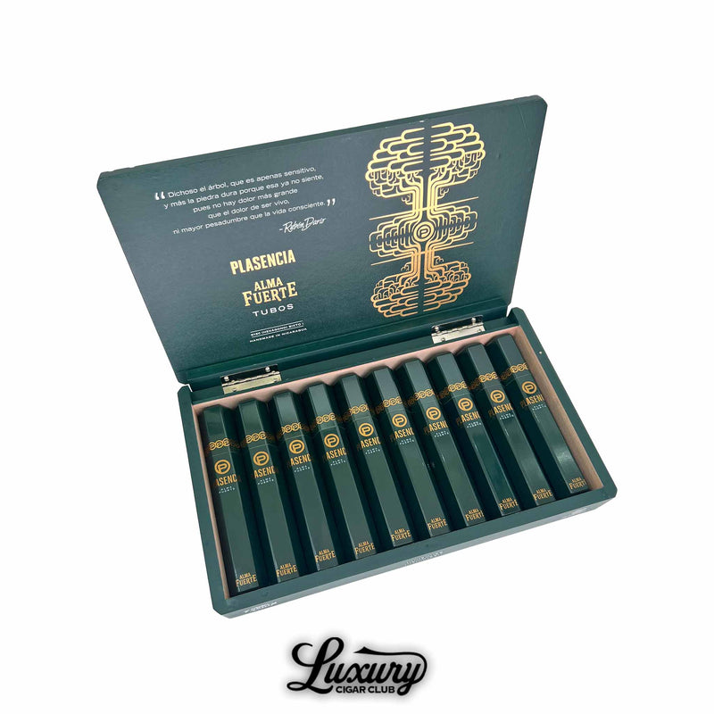 Plasencia Alma Fuerte Colorado Claro Sixto I Tubo cigars elegantly displayed in an open green and gold box with premium presentation, offered by Luxury Cigar Club.