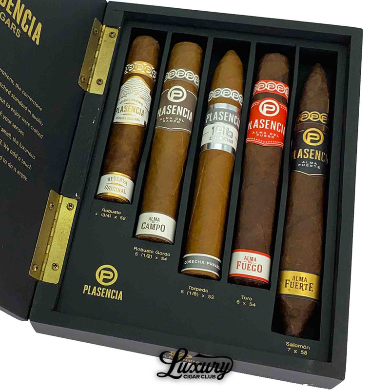 Close-up of the Plasencia 5 Cigar Sampler Box Set featuring premium blends: Reserva Original, Alma del Campo, Cosecha 146, Alma del Fuego, and Alma Fuerte cigars, displayed in a luxury presentation box from Luxury Cigar Club.
