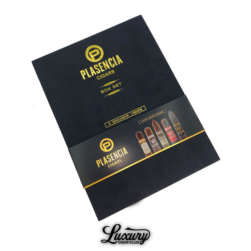 Closed Plasencia Cigars Box Set featuring 5 exclusive premium cigars with elegant black and gold packaging, displayed for sale by Luxury Cigar Club.