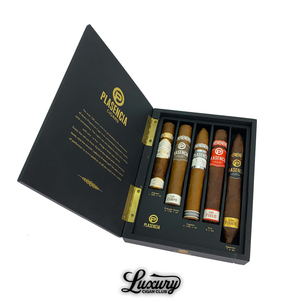 Plasencia Box Set 5 Cigar Sampler displayed in an elegant black box, featuring Alma del Campo, Reserva Original, Alma del Fuego, Alma Fuerte, and other premium blends from Luxury Cigar Club.