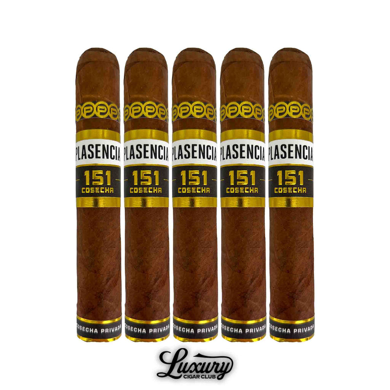 Close up of five Plasencia Cosecha 151 La Música Robusto cigars with golden and black bands arranged vertically, available at Luxury Cigar Club.