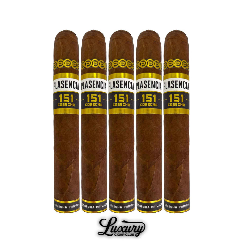 Five Plasencia Cosecha 151 La Tradición Toro cigars with black and gold labels, photographed for Luxury Cigar Club.