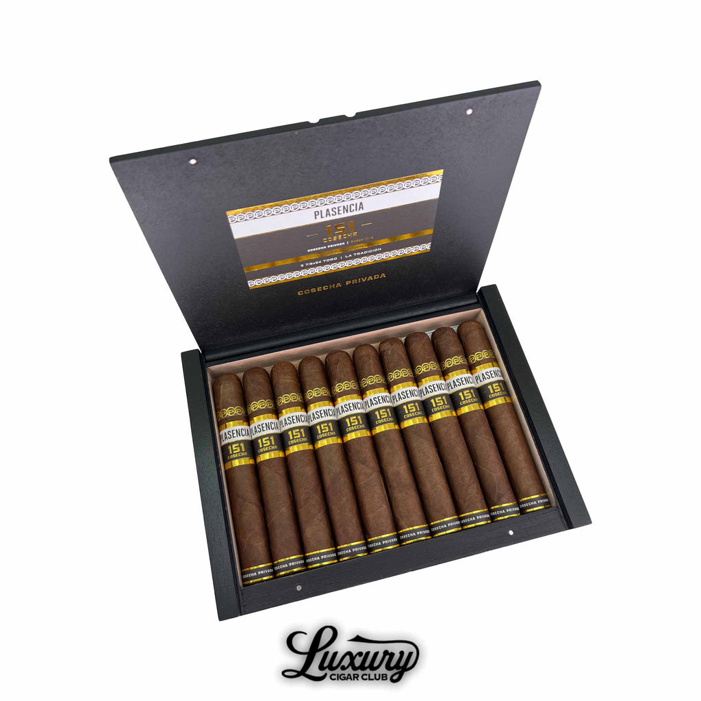 Plasencia Cosecha 151 La Tradicion Toro cigars neatly arranged in an open black box, highlighting premium Nicaraguan tobacco cigars from Luxury Cigar Club.