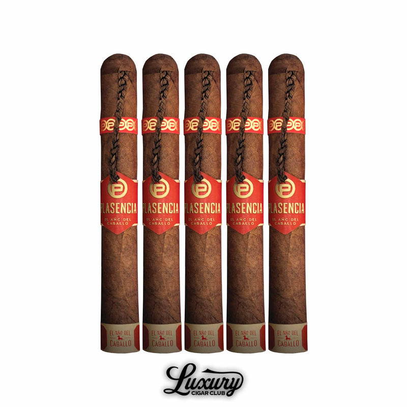 Luxury Cigar Club showcases a five pack of Plasencia El Año del Caballo Parejo Gordo cigars with red and gold bands.