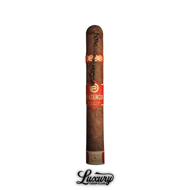 Luxury Cigar Club displays a single Plasencia El Año del Caballo Parejo Gordo cigar with a red and gold band.