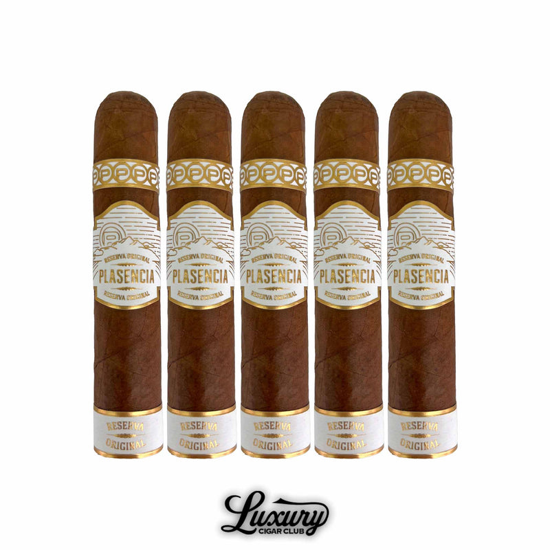 Plasencia Reserva Original Corona Corta 5-pack highlighting golden-brown wrappers and luxurious white-and-gold branding, available at Luxury Cigar Club.