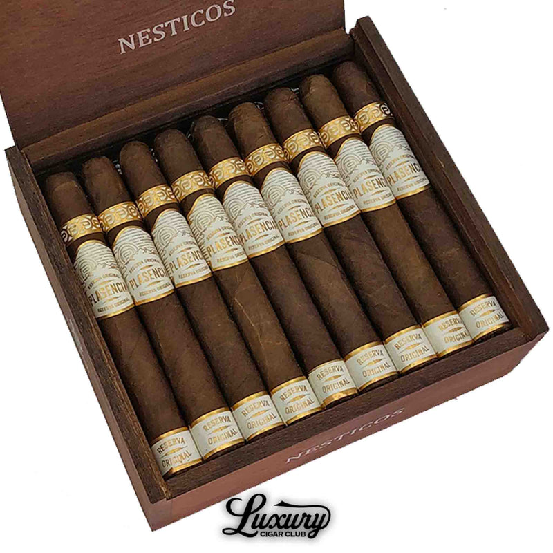 Close-up view of Plasencia Reserva Original Nesticos cigars in open box, highlighting premium organic Nicaraguan tobacco — Luxury Cigar Club boutique collection.