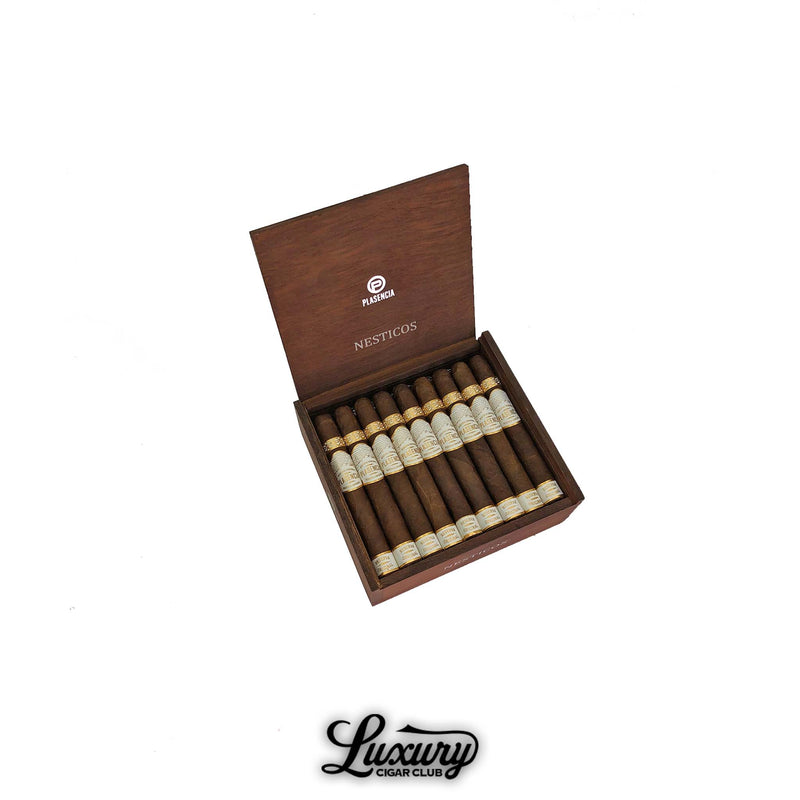 Open box of Plasencia Reserva Original Nesticos cigars neatly arranged, showcasing organic Nicaraguan craftsmanship — Luxury Cigar Club premium small cigars.
