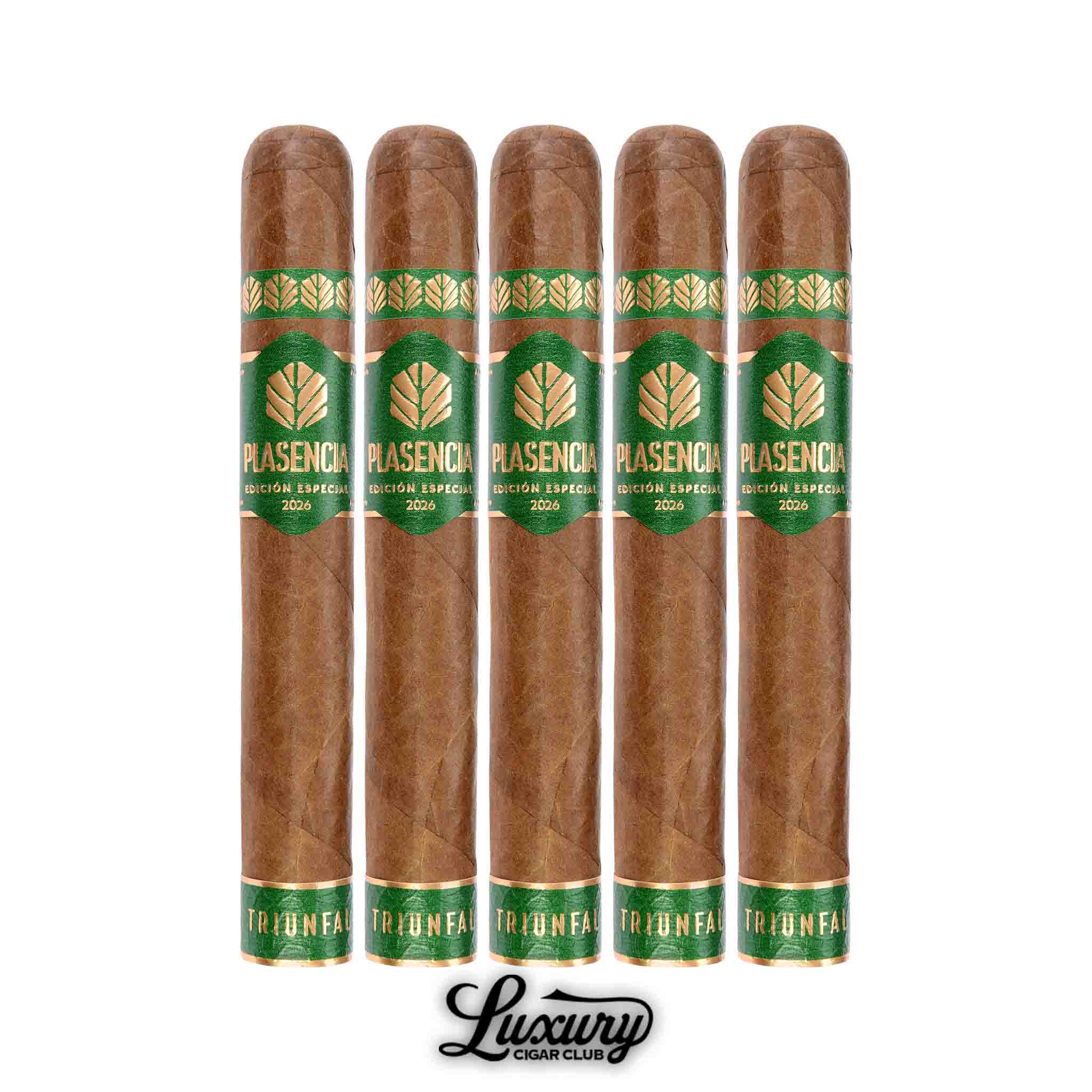 Plasencia Triunfal World Cup 2026 Toro Extra cigars 5 pack lineup featuring smooth brown wrappers and green and gold bands Luxury Cigar Club