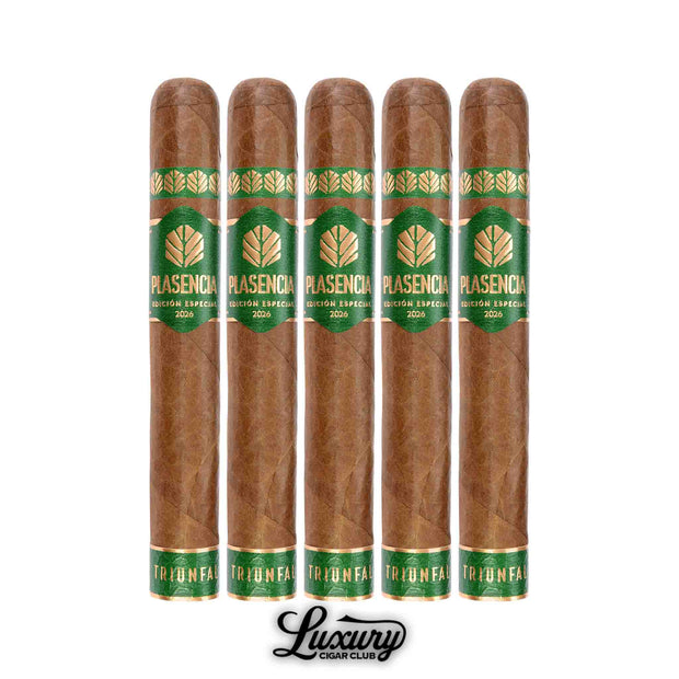 Plasencia Triunfal World Cup 2026 Toro Extra cigars 5 pack lineup featuring smooth brown wrappers and green and gold bands Luxury Cigar Club
