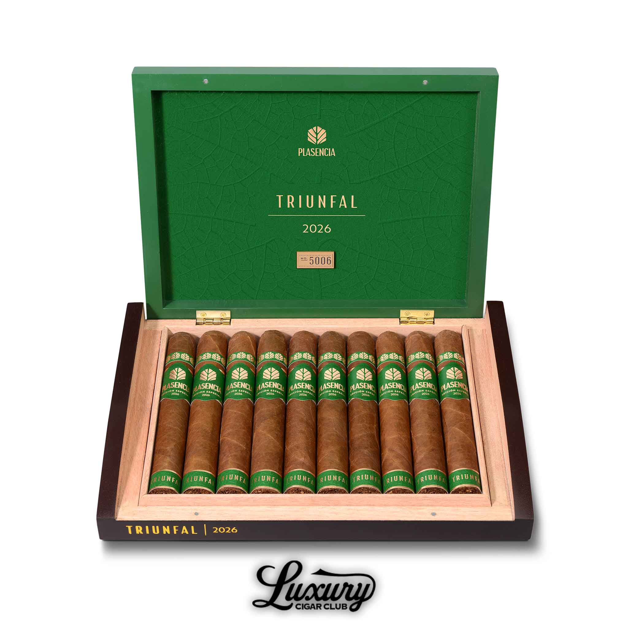 Plasencia Triunfal World Cup 2026 Toro Extra cigars in open wooden box with green interior and gold branding showcasing premium brown wrappers Luxury Cigar Club